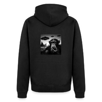 Chimp Monkey Ape Funny Selfie with UFOs Weird Alie - Unisex Premium Bio Zip Hoodie - Schwarz - Hinten - Nico (187cm)