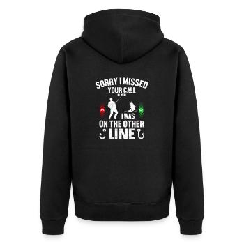 Sorry Can't Talk I Was On The Other Line - Unisex Premium Bio Zip Hoodie - Schwarz - Hinten - Nico (187cm)