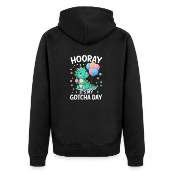 Hurra, es ist mein Gotcha Tagespflege Lustig - Unisex Premium Bio Zip Hoodie - Schwarz - Hinten - Nico (187cm)