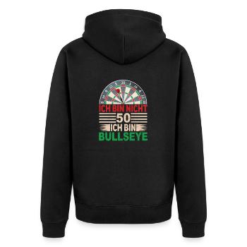 Ich bin nicht 50, ich bin Bullseye – Lustiges Dart - Unisex Premium Bio Zip Hoodie - Schwarz - Hinten - Nico (187cm)