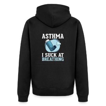 Ich sauge beim Atmen graues Band entzündlich - Unisex Premium Bio Zip Hoodie - Schwarz - Hinten - Nico (187cm)
