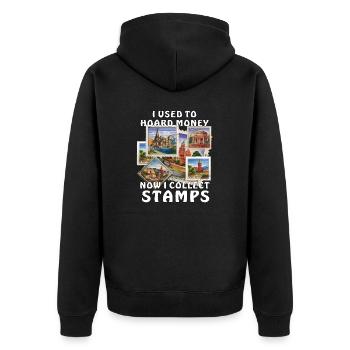 NOW I COLLECT STAMPS - Unisex Premium Organic Zip Hoodie - black - Back - Nico (187cm)