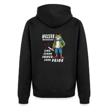 MESSER Benutzer SEHR FEIGE - Unisex Premium Bio Zip Hoodie - Schwarz - Hinten - Nico (187cm)