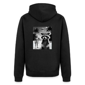 Waschbär macht ein Selfie am Strand mit Alien - Unisex Premium Bio Zip Hoodie - Schwarz - Hinten - Nico (187cm)
