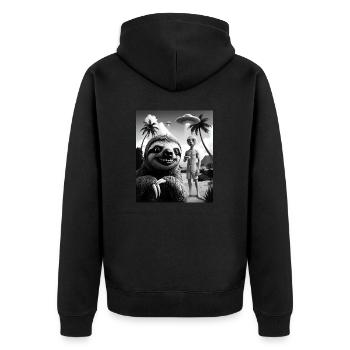Faultier macht Selfie mit Alien am Strand - Unisex Premium Bio Zip Hoodie - Schwarz - Hinten - Nico (187cm)
