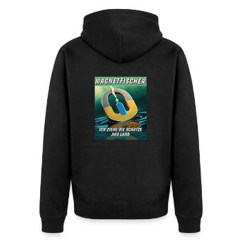 MAGNET FISCHER ZIEHE DIE SCHÄTZE ANS LAND - Unisex Premium Bio Zip Hoodie - Schwarz - Hinten - Nico (187cm)