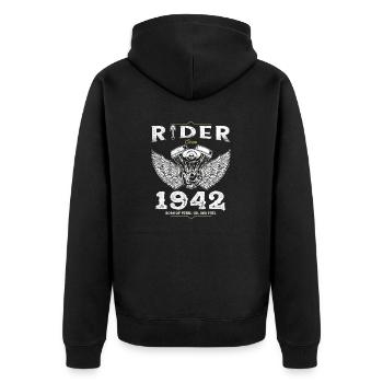 Rider Since 1942 - 83 Years of Speed, Steel & - Unisex Premium Organic Zip Hoodie - black - Back - Nico (187cm)