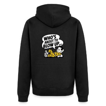 WHO`S ABOUT TO BLOW UP_ - Unisex Premium Bio Zip Hoodie - Schwarz - Hinten - Nico (187cm)