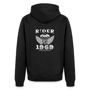 Cycliste depuis 1969 - 56 ans, né pour rouler, construit - Veste à capuche bio Premium Unisexe - noir - Dos - Nico (187cm)