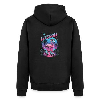 Flamingo auf Rollschuhen - Retro 80er - Unisex Premium Bio Zip Hoodie - Schwarz - Hinten - Nico (187cm)