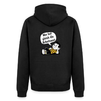Who has the workaholism - Unisex Premium Organic Zip Hoodie - black - Back - Nico (187cm)