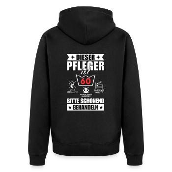 Dieser Pfleger ist 60. Schonend behandeln - Unisex Premium Bio Zip Hoodie - Schwarz - Hinten - Nico (187cm)