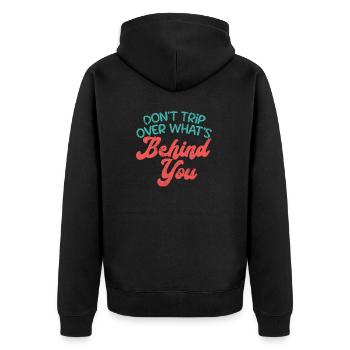STOLPERE NICHT HINTER DIR ALBERN SPRÜCHE MOTIV - Unisex Premium Bio Zip Hoodie - Schwarz - Hinten - Nico (187cm)