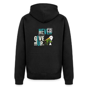 Never Give Up 🐸 Niemals aufgeben Frosch vs Storch - Unisex Premium Bio Zip Hoodie - Schwarz - Hinten - Nico (187cm)