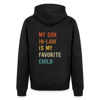 Mein Schwiegersohn ist meine Lieblingsschwiegermutter - Unisex Premium Bio Zip Hoodie - Schwarz - Hinten - Nico (187cm)
