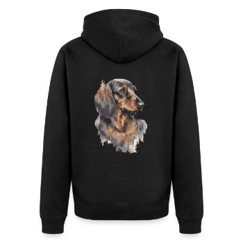 Aquarelles de portrait teckel - Veste à capuche bio Premium Unisexe - noir - Dos - Nico (187cm)
