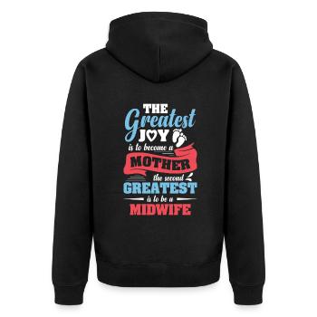 Support your local Midwife - Unisex Premium Bio Zip Hoodie - Schwarz - Hinten - Nico (187cm)