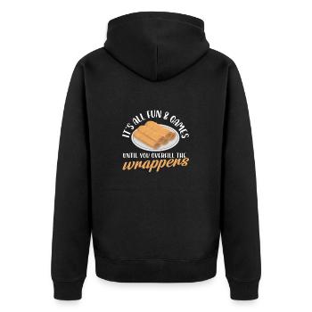 Ist all fun and games wrappers Design - Unisex Premium Bio Zip Hoodie - Schwarz - Hinten - Nico (187cm)