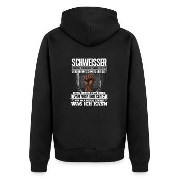 SCHWEISSER - Ehre und Stolz - Unisex Premium Bio Zip Hoodie - Schwarz - Hinten - Nico (187cm)
