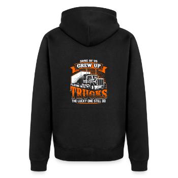 Grew Up - Trucker - EN - Unisex Premium Bio Zip Hoodie - Schwarz - Hinten - Nico (187cm)
