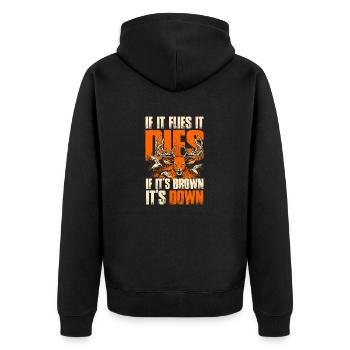 If Flies Dies, If brown Take down - Hunting - EN - Unisex Premium Bio Zip Hoodie - Schwarz - Hinten - Nico (187cm)