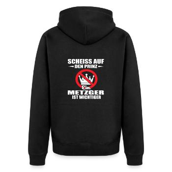 METZGER -Scheiss auf den Prinz - Unisex Premium Bio Zip Hoodie - Schwarz - Hinten - Nico (187cm)