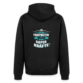 TRIATHLETIN -Superkräfte GESCHENK - Unisex Premium Bio Zip Hoodie - Schwarz - Hinten - Nico (187cm)