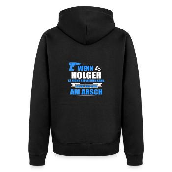 HOLGER -Geschenk - Unisex Premium Bio Zip Hoodie - Schwarz - Hinten - Nico (187cm)