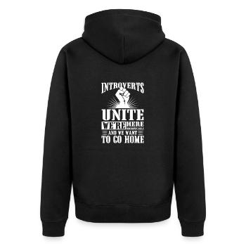 Introverts unite we're here uncomfortable - Unisex Premium Bio Zip Hoodie - Schwarz - Hinten - Nico (187cm)