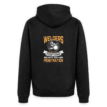 Welders do it in all positions 100% Penetration - Unisex Premium Bio Zip Hoodie - Schwarz - Hinten - Nico (187cm)