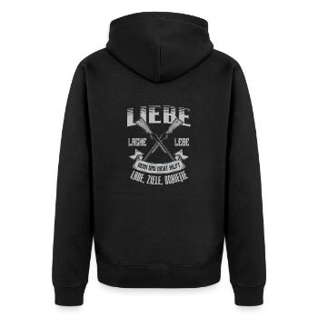 Jäger Shirt · Jagd · jagen · liebe · lache · lebe - Unisex Premium Bio Zip Hoodie - Schwarz - Hinten - Nico (187cm)