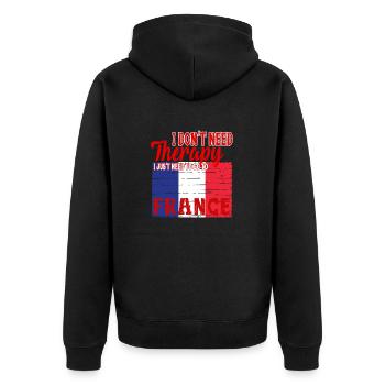 I don't need Therapy - Go to France - Unisex Premium Bio Zip Hoodie - Schwarz - Hinten - Nico (187cm)