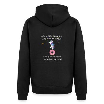 Ich weiß dass ich ein Rad ab habe! aber guck doch - Unisex Premium Bio Zip Hoodie - Schwarz - Hinten - Nico (187cm)