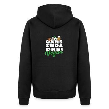 Oans Zwoa Drei Vegan weiß - Unisex Premium Bio Zip Hoodie - Schwarz - Hinten - Nico (187cm)