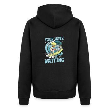 Deine Welle wartet I Surfer & Strand mit Palmen - Unisex Premium Bio Zip Hoodie - Schwarz - Hinten - Nico (187cm)
