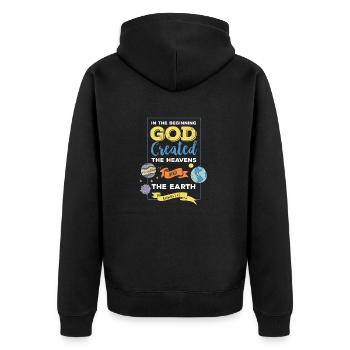Citation biblique - Au début, Dieu a créé ... - Veste à capuche bio Premium Unisexe - noir - Dos - Nico (187cm)