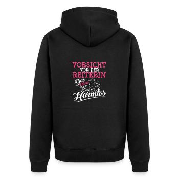 VORSICHT VOR DER REITERIN DAS PFERD IST HARMLOS - Unisex Premium Bio Zip Hoodie - Schwarz - Hinten - Nico (187cm)