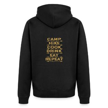 Campen Wandern Kochen Trinken Essen Wiederholen - Unisex Premium Bio Zip Hoodie - Schwarz - Hinten - Nico (187cm)