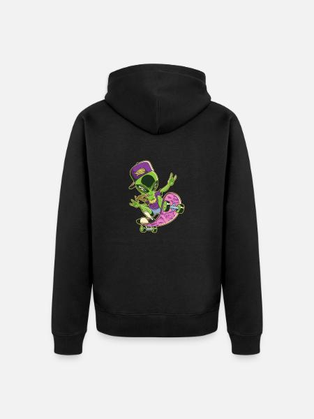 Alien Skateboarder mit coolen Skater Klamotten - Premium økologisk unisex-hættejakke - sort