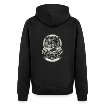 Totenkopf Biker - EST 1969 - Unisex Premium Bio Zip Hoodie - Schwarz - Hinten - Nico (187cm)