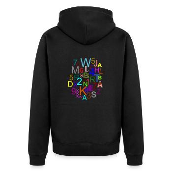Fleda Maus Design: Buchstaben - Zahlen - mix - Unisex Premium Bio Zip Hoodie - Schwarz - Hinten - Nico (187cm)