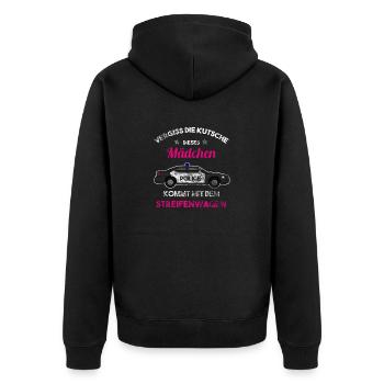Polizei Einsatzwagen Polizist Mädchen Spruch - Unisex Premium Bio Zip Hoodie - Schwarz - Hinten - Nico (187cm)