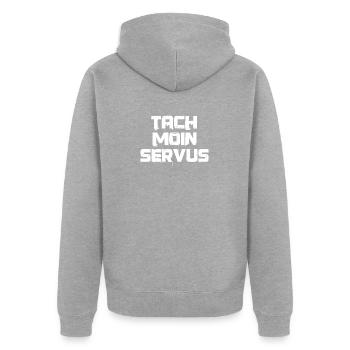 Tach Moin Servus Meister Servus Cool Geschenkidee - Unisex Premium Bio Zip Hoodie - Grau meliert - Hinten - Nico (187cm)