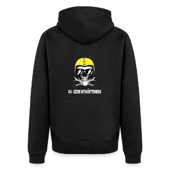 IFA Szene Ostwürttemberg Motorrad Helm Totenkopf - Unisex Premium Bio Zip Hoodie - Schwarz - Hinten - Nico (187cm)