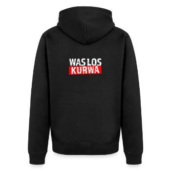 Polnischer Spruch Was los Kurwa Polska Polen - Unisex Premium Bio Zip Hoodie - Schwarz - Hinten - Nico (187cm)