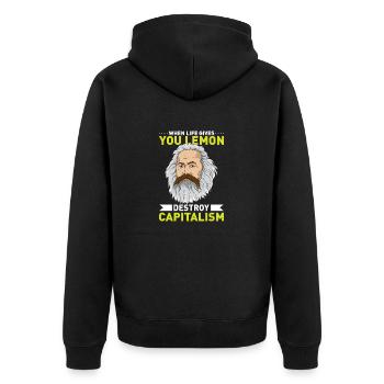 KARL MARX: Destroy Capitalism - Unisex Premium Bio Zip Hoodie - Schwarz - Hinten - Nico (187cm)