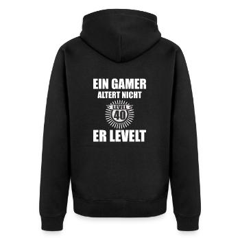 Ein GAMER altert nicht er LEVELT - 40 Jahre - Unisex Premium Bio Zip Hoodie - Schwarz - Hinten - Nico (187cm)