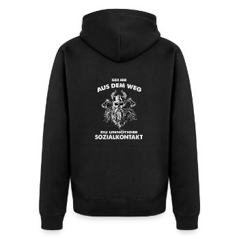 Unnötiger - Sozialkontakt - Wikinger - Unisex Premium Bio Zip Hoodie - Schwarz - Hinten - Nico (187cm)