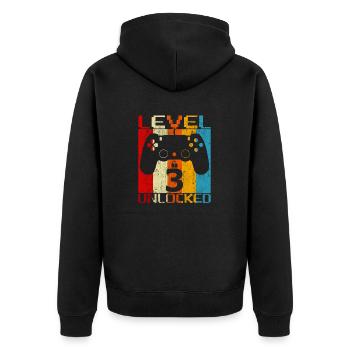 Level 3 freigeschaltet - Unisex Premium Bio Zip Hoodie - Schwarz - Hinten - Nico (187cm)