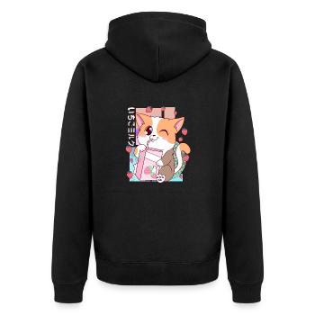 Süße japanische Kawaii Katze Erdbeermilch Shake Nek - Unisex Premium Bio Zip Hoodie - Schwarz - Hinten - Nico (187cm)